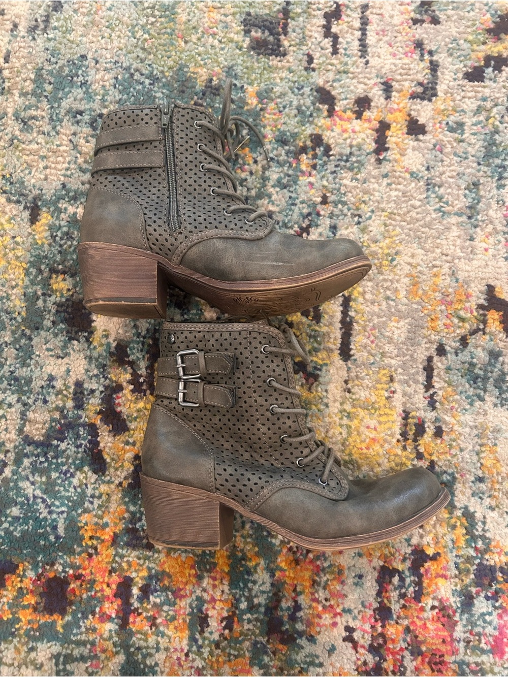 Roxy Perforated Lace-Up Ankle Boots - 8